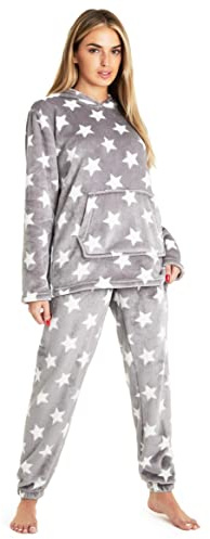 CityComfort Pyjamas för kvinnor, fluffig fleece dam pyjamas, myskläder set, Grå stjärna, L