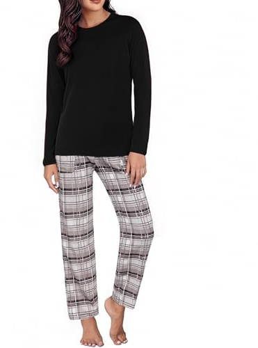 Uniexcosm Pigiama Donna, Pigiama a Quadri Donna Lungo Pigiama da Donna Cotone Leggero con Girocollo Pigiama 2 Pezzi Donna con Tasca Sciolto Accogliente per Casa e Casuale Nero Scuro M