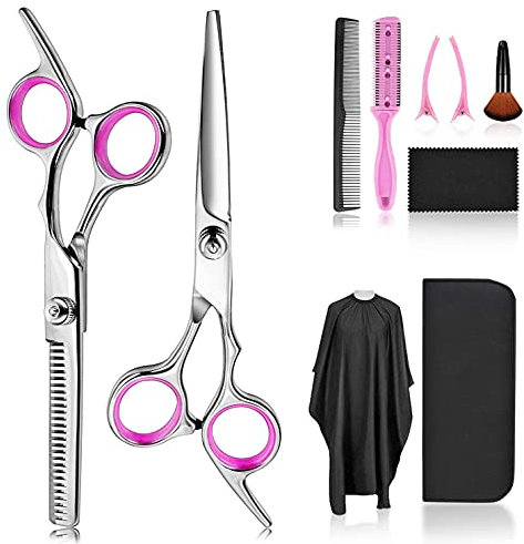 Hairdressing Scissors Thinning Scissor Set, Hair Dressing Sizzors Kit Hair Cutting Scissors Set, Professional 10 Pcs Barber Kit Haircut Scissor Hair Thinning Scissors Hairdresser Shears for Women Pink