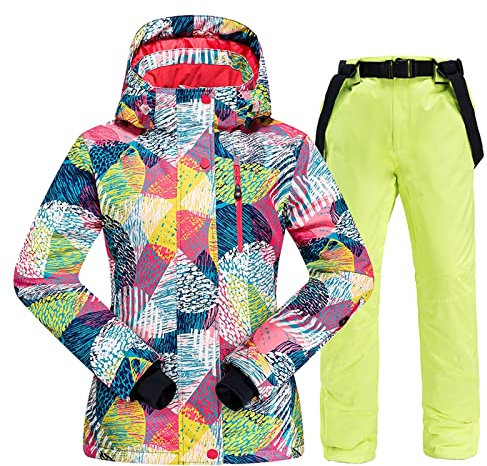 DZQUY Damen Skianzug Set wasserdichte Winddichte Jacke Winterwarmes Fleece Mit Kapuze Outdoor Ski Snowboarding Mantel Reißverschlusstaschen,Multi Colored,XXL