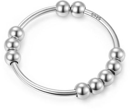 LOVECOM 925er-Sterlingsilber, Angst-Fidget-Ringe mit Perlen, Ringe für Angst, Spinner-Ring für Damen und Herren, Gold, Stressabbau, drehbarer Daumenring, Schmuck, Geburtstag, Weihnachten, Geschenke