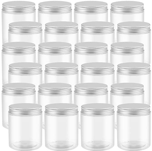 PINGEUI 24 Pack 250ml Clear Round Plastic Jars with Aluminum Lids, BPA Free Wide Mouth Plastic Container, Empty Sample Storage Pot Jars for Slime, Food, Spices, Candy, Crafts