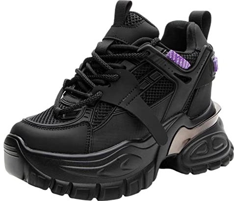 ANUFER Donna Piattaforma Alta Chunky Scarpe da Ginnastica Vera Pelle Tacco a Zeppa Sneakers Nero SN070146 EU37