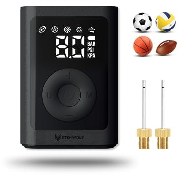 ETENWOLF Elektrische Ballpumpe 0,14-1,17 Bar, Intelligente Luftpumpe Aufblas und Abpumpfunktion, Basketballpumpe mit großem LED-Display