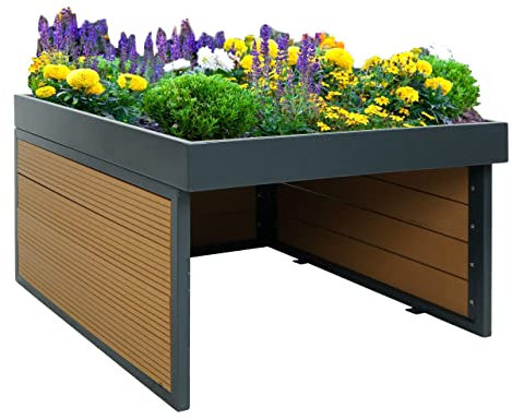 Mähroboter-Garage mit Pflanzkasten HWC-L45, Dach Unterstand für Rasenmäher, WPC Metall 40x60x73cm - Eiche-Optik