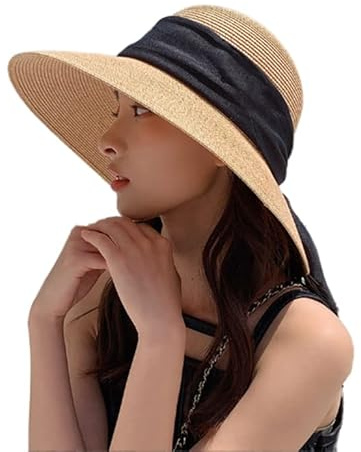 Women Straw Hat with Bowknot Wide Brim UPF 50+ Straw Hat Roll Up Straw Hats Packable Summer Straw Sun Protection Hat Foldable Beach Straw Hat Garden Hat Woven Straw Hat for Traveling Camping