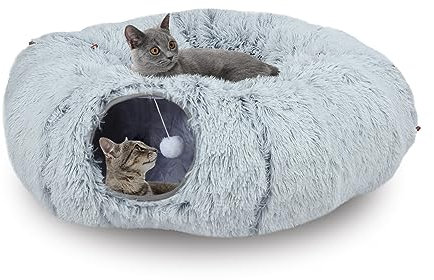 Arquiel Katzentunnel Mit Katzenbett, PlüSch Erweiterbar Multifunktionales Katzenspielzeug Katzentunnelbett Mit HäNgenden Ball Und Guckloch FüR Indoor (Grau, Durchmesser: 85 x Höhe: 26 cm)