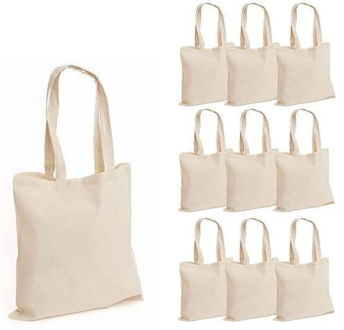 100% Cotton Canvas Reusable Shoulder Tote Bag Natural Colour with handle for Shopping Grocery Handbag Eco-Friendly Organic material decays and compost easily recyclable (Natural 10 Pack)