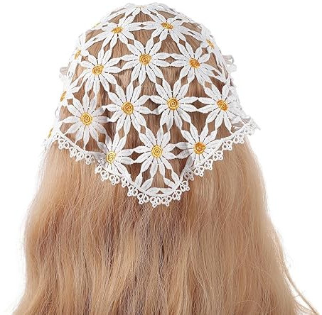 Weiße Gänseblümchen, hohles Häkel-Haarbandana, Dreieckstuch, Stirnbänder, Häkel-Haarband, Mädchen-Blumen, Spitzenkante, Kopftuch, Stickerei-Kopftuch