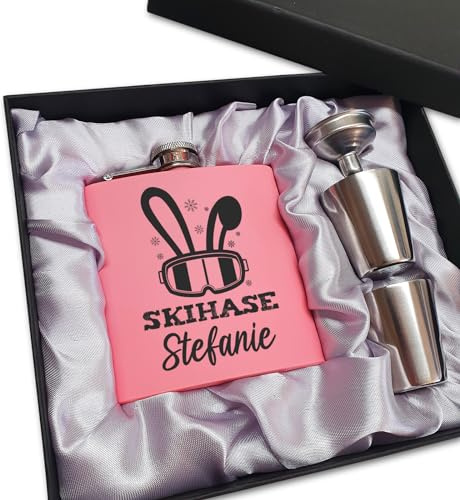 Skifahren Flachmann Frauen Skihase pink, mit Gravur personalisierbar | Skifahrer Geschenk Apres Ski Accessoires