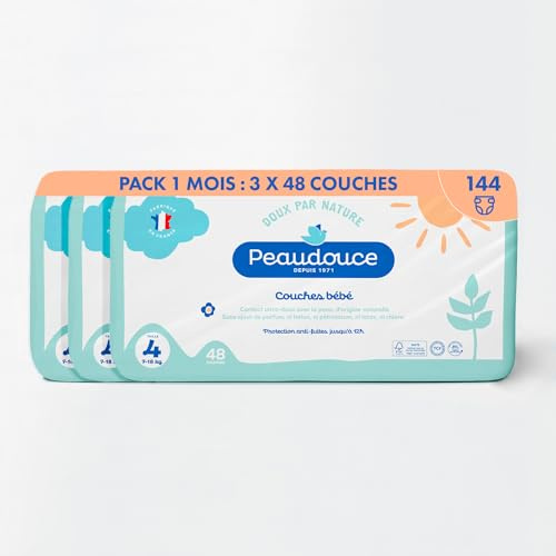PEAUDOUCE - 144 Couches Bébé Taille 4 (7-18kg) - Pack 1 Mois : 3 Sacs x 48 - Ecologiques, Naturelles et Saines - Fabriquées en France - Protection Anti-Fuites Jusqu'à 12 h - Non Blanchie Au Chlore