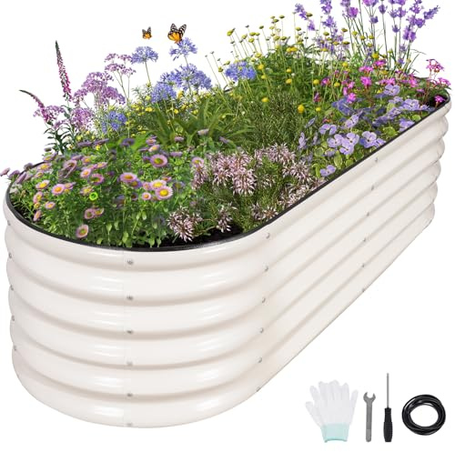 Permade Galvanized Raised Garden Bed - 6x2x1.4FT Metal Planter Boxes Outdoor | Oval Steel Raised Bed Kit for Gardening with Protective Tape, Gloves for Vegetables, Flower, Herb (White)