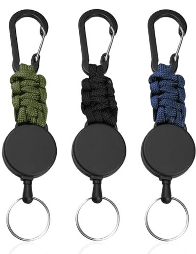 starfa lab Llavero retráctil, 3 unidades, cordón extensible con cuerda de alambre de acero de 65 cm y mosquetón (negro+azul marino+verde oscuro)