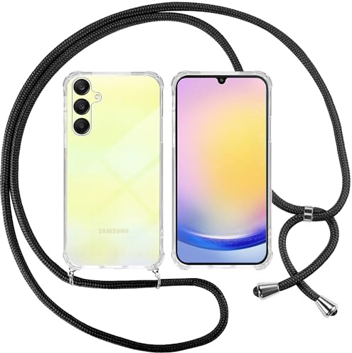 ISOI Case with Rope for Samsung Galaxy A25 5G, Transparent TPU Soft Silicone Case with Adjustable Pendant Strap Necklace Neck Strap Chain Lanyard, Black