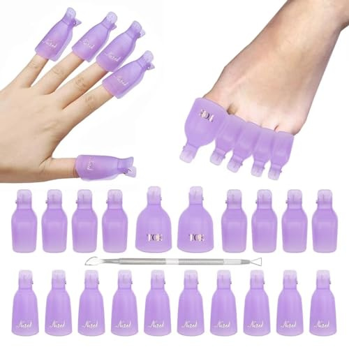 OOTDAY Nagellackentferner Clips Set, doppeltem Metall-Häutchenschieber, Fingernägel-Lack, Einweichen Clips Nagelclips, 20 Stück, lila
