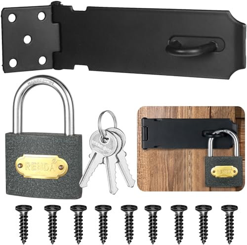 REJOECE 5 Zoll Edelstahl Riegelschloss Haspe mit Vorhängeschloss & Schrauben,Vorhängeschloss Haspe,Sicherheitsüberfalle mit Schrauben Vorhängeschloss Riegel für Vorhängeschloss,Schränke,Tore(Schwarz)