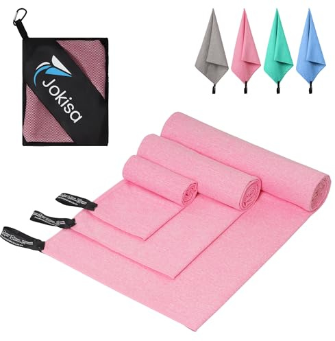 Jokisa Juego de 3 Toallas de Microfibra (200 x 100 cm, 140 x 70 cm, 80 x 40 cm), Toalla de Viaje Ligera, de Secado rápido (Rosa)