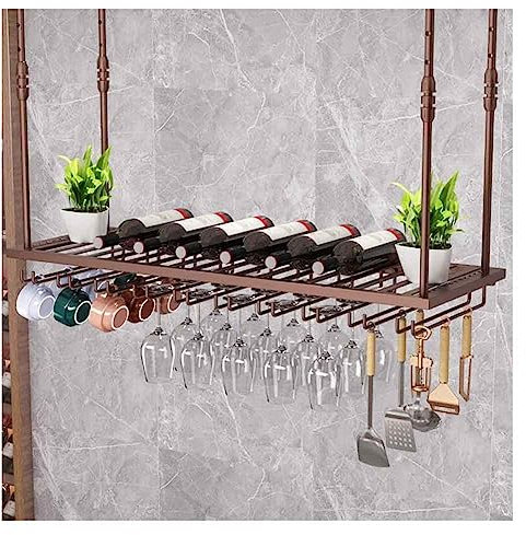wine rack Hanging Wine Rack with Glass Holder, Adjustable Hanging Wine Glass Rack for Bar, Ceiling Bottle Holder, Wine Rack, Perfect for Bar Kitchen (Color : Brass, Size : 100 x 35 cm)