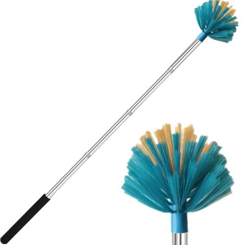 Cobweb Duster with Pole, 10ft Stainless Steel Pole Cobweb Brush with Medium-Stiff Bristles for Walls Beams Shelves Iight Fixtures and Window Screens