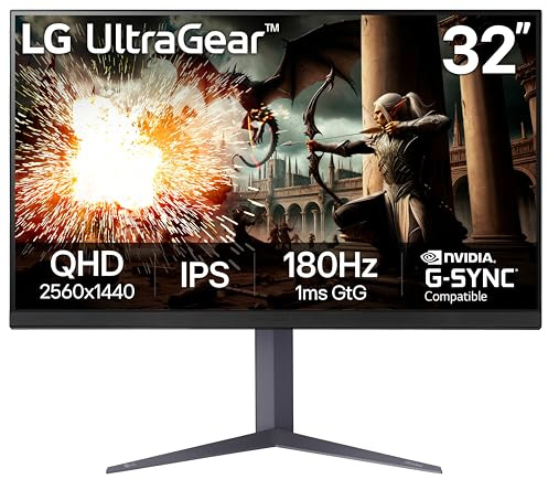 LG 32 Ultragear QHD (2560x1440) Gaming Monitor, 180Hz, 1ms, IPS, DisplayHDR 400, NVIDIA G-SYNC Compatible, AMD FreeSync, VESA Adaptive Sync, HDR10, Tilt/Height/Pivot Stand, HDMI, DisplayPort, Black