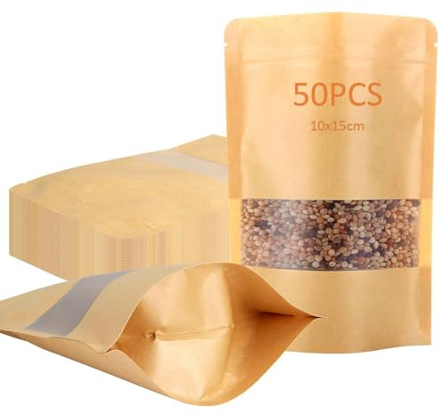 50 Pcs Paper Bags for Food,Ziploc bags,Paper Food Bags, 10x15cm Kraft Stand Up Pouches with Zip Lock Tear Notch and Transparent Window