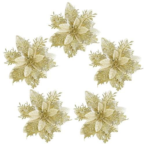dvnFWKc Decorate Artificial Flowers, 5 stücke Künstliche Blumen Flash künstliche Blumen geeignet for Girlande Dekoration DIY Geschenk Dekorationen Blume liefert(Gold)