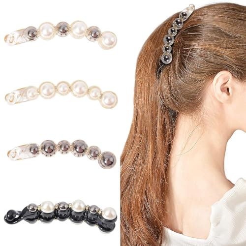 4 Stück Perlen Haarspangen, Bananen Clips, Vintage Fischschwanz Haarspange, Strass Clips Pferdeschwanz Halter Schwarze Weiße Perlen Bananenspange Haare, für Damen Mädchen Dickes Feines Haar