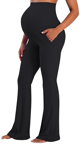Sunzel Sunzfly Maternity Flare Leggings with Pockets Over The Belly, Buttery Soft Pregnancy Wide Leg Yoga Pants for Workout & Daily Wear,32 Inseam Black L