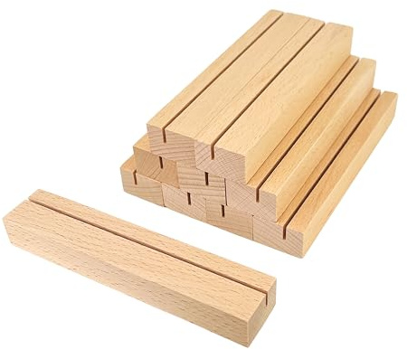 DwieDeko - 10 Stück Kartenhalter 15 cm extra lang aus Buchen Holz unbehandelt - Bilderleiste Tischkartenhalter Menükartenhalter Fotoleiste Kartenständer Tisch Deko Hochzeit - Ideal zum lasern