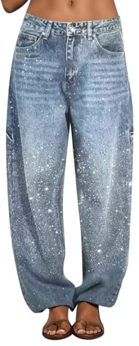 Jeans de pierna ancha para mujer, con lentejuelas brillantes, pantalones de mezclilla de cintura alta, elásticos, holgados, modernos, control de abdomen, pantalones de mezclilla de pierna recta, ropa