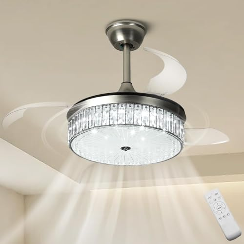 Depuley Retractable Crystal Ceiling Fans with Lights,36 Inch Modern Bladeless LED Ceiling Fan Lights with Remote,Smart Reversible Ceiling Fans with Lamps for Bedroom Living Room, 3000K-6000K,Silver