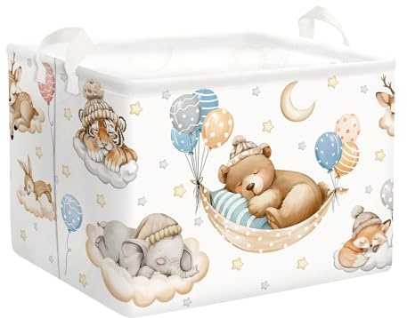 HUUMONSS Schlafende Tiere Kinder Wäschekorb Faltbar für Jungen Mädchen Groß Kleidung Spielzeug Aufbewahrungskorb für Kinderzimmer Bad, Bär, 36L