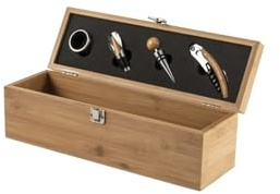 DECOHO – Estuche de vino de bambú con 4 accesorios – Caja regalo para botella de 75 cl – Cierre de pestillo – Idea de regalo para cumpleaños, jubilación, día del padre