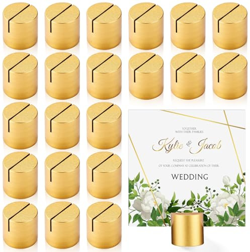 Affrolling 24 Pcs Wood Table Number Holders Wedding Wooden Place Card Holder Bulk Mini Cylinder Table Top Stand for Paper Photo Picture Menu Tag Display, Fall Thanksgiving Wedding Birthday (Gold)
