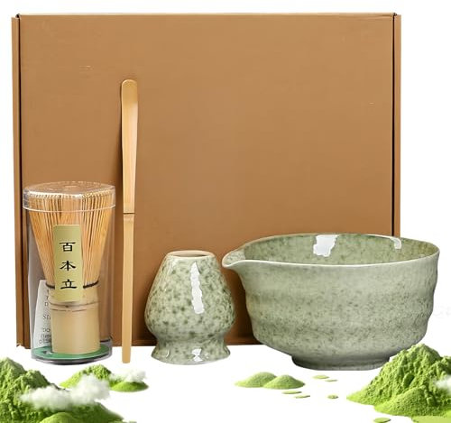 Juego de té Matcha, juego de 4 piezas de té Matcha, juego de escoba Matcha, cuenco verde matcha con boquilla y batidor y pala para matcha, whisky matcha, juego de escoba matcha