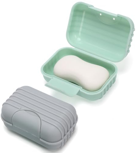 Alyvisun 2 Pièces Boite à Savon avec Couvercle, Portable Boite a Savon Voyage, Boite à Savon avec Fond Surélevé, Porte Savon Voyage Étanche et Antifuite pour Douche et Extérieur (Vert & Gris)