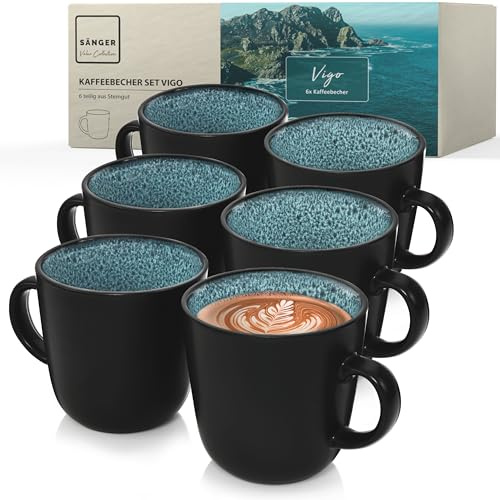 SÄNGER Vigo Kaffeebecher 6 Personen, Steingut Kaffeetassen Set 6er | Tassen Set Teetasse Set spülmaschinenfest mikrowellenfest, Coffee Mug blau mit schwarzen Rand 400 ml