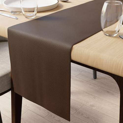 Encasa XO bordslöpare i fuskläder vattentät 30 x 183 cm brun | 0,7 mm tjockt PU-läder | Halkfri bakdel av trikå | Vattentät, torka ren yta | Passar 4 till 6-sits bord