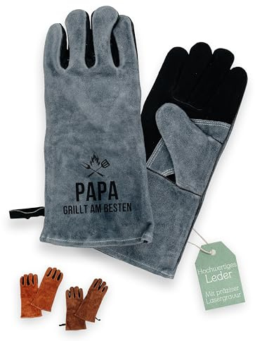 ABENTEUERNAH personalisierter Grillhandschuh Leder, Geschenk für Papa den Outdoor Grill und BBQ Barbecue Fan zum Vatertag Geburtstag für den Mann (Papa grau, Paar)