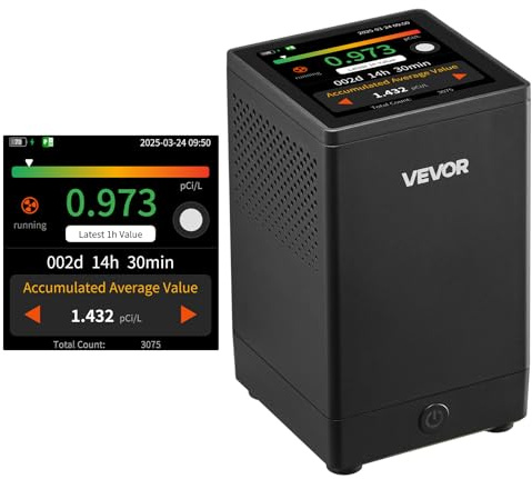 VEVOR Détecteur de Radon Domestique, 0,054-540 pCi/L, Écran LCD Couleur Affichage Temps Réel, Surveillance à Court et Long Terme, Prise en Charge de Plusieurs Périodes Détection, Alimenté par Batterie