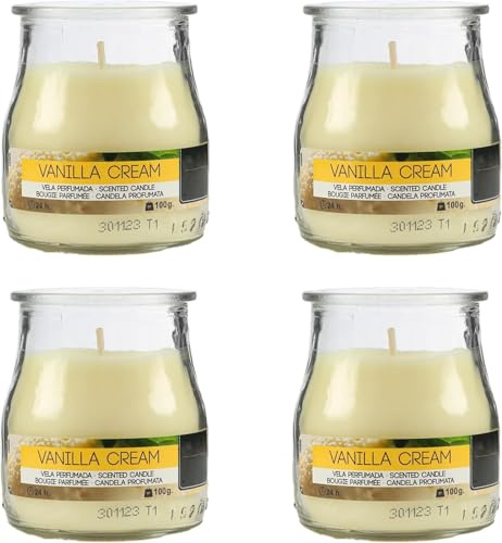 pcmoviles Lot de 4 bougies parfumées en pot de yaourt vanille crème - Lot de 4 (100 g c/u) - Cire végétale - Durée 24 heures - Parfum relaxant - Récipient en verre réutilisable