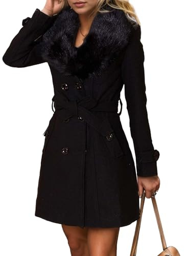 xxxiticat Women's Faux Fur Trench Coat Long Sleeve Double Breasted Belted Wool Blend Furry Long Winter Dress Coat Overcoat(BL,S)