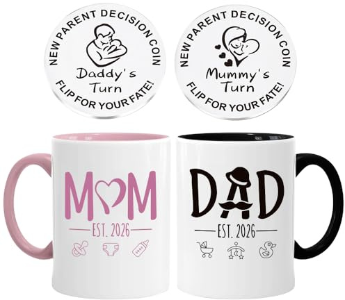 JOAASU 2 Pack 2026 New Mummy and Daddy Mug Set with 1 Double-Sided Decision Coin, New Parents Gifts for Couples, Frist Time Mummy and Daddy Mugs Gifts for Parents Birthday Couples Presents