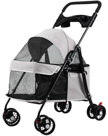 Hundewagen 4-Rad Hundebuggy Katzenwagen faltbar – Leichter Transportwagen für Hunde bis 12 kg & Katzen, Outdoor Reisewagen mit Atmungsaktivem Netz, Getränkehalter (B-Grey)