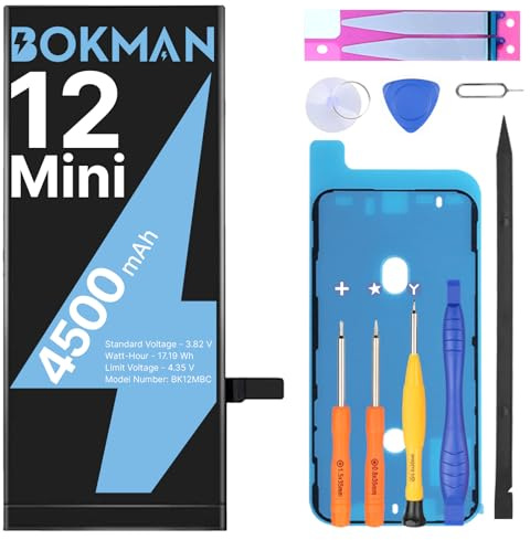 bokman Akku für iPhone 12 Mini 4500mAh, Hohe Kapazität Lithium-Polymer-Polymer-Akku mit Allen Werkzeugsets, Kompatibel mit A2176, A2398, A2399, A2400