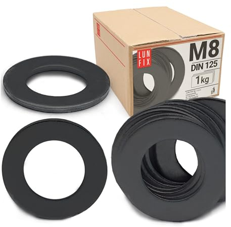 Lun Fix Rondelle M8 – 1 kg (circa 530 pezzi) DIN 125 Ø 8,4 – 16 mm acciaio nero zincato galvanizzato dischi piatti per legno metallo meccanico recinzione montaggio