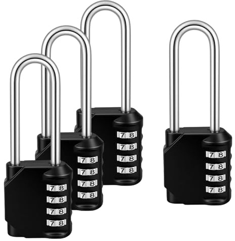DAKFOOK Lot de 4 cadenas à combinaison à longue manille, cadenas à combinaison à chiffres pour extérieur, salle de sport, casier d'extérieur pour abri de jardin, armoire à moraillons, boîte à outils