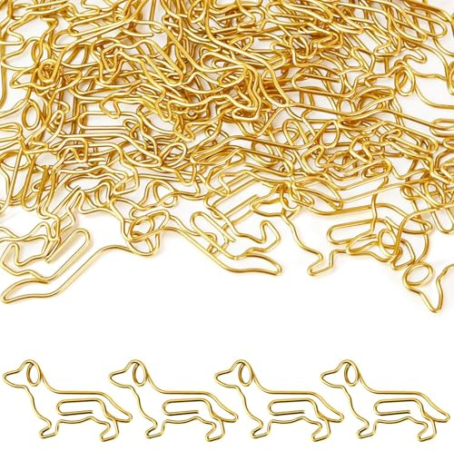 JENCVNL 100 Stück Büroklammern Hund Dackel Klammern Kleine Gold Metall Tier-Lesezeichen-Clips Paper Clips Papierklammern für Büro, Klassenzimmer, Aktenklammer, Lesezeichen (Dackel)
