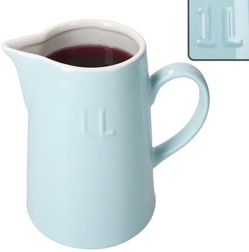 MamboCat Emilia Pichet bleu 1 l, en faïence, bleu pastel et blanc crème, idéal pour l'eau, le jus, le lait, le cacao et la limonade, le petit-déjeuner, le brunch et le quotidien I Carafe avec bec