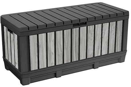Keter Boîte de rangement de jardin Kentwood 350 litres en plastique effet bois Stormgrey, résistante aux intempéries et aux UV avec fonction siège